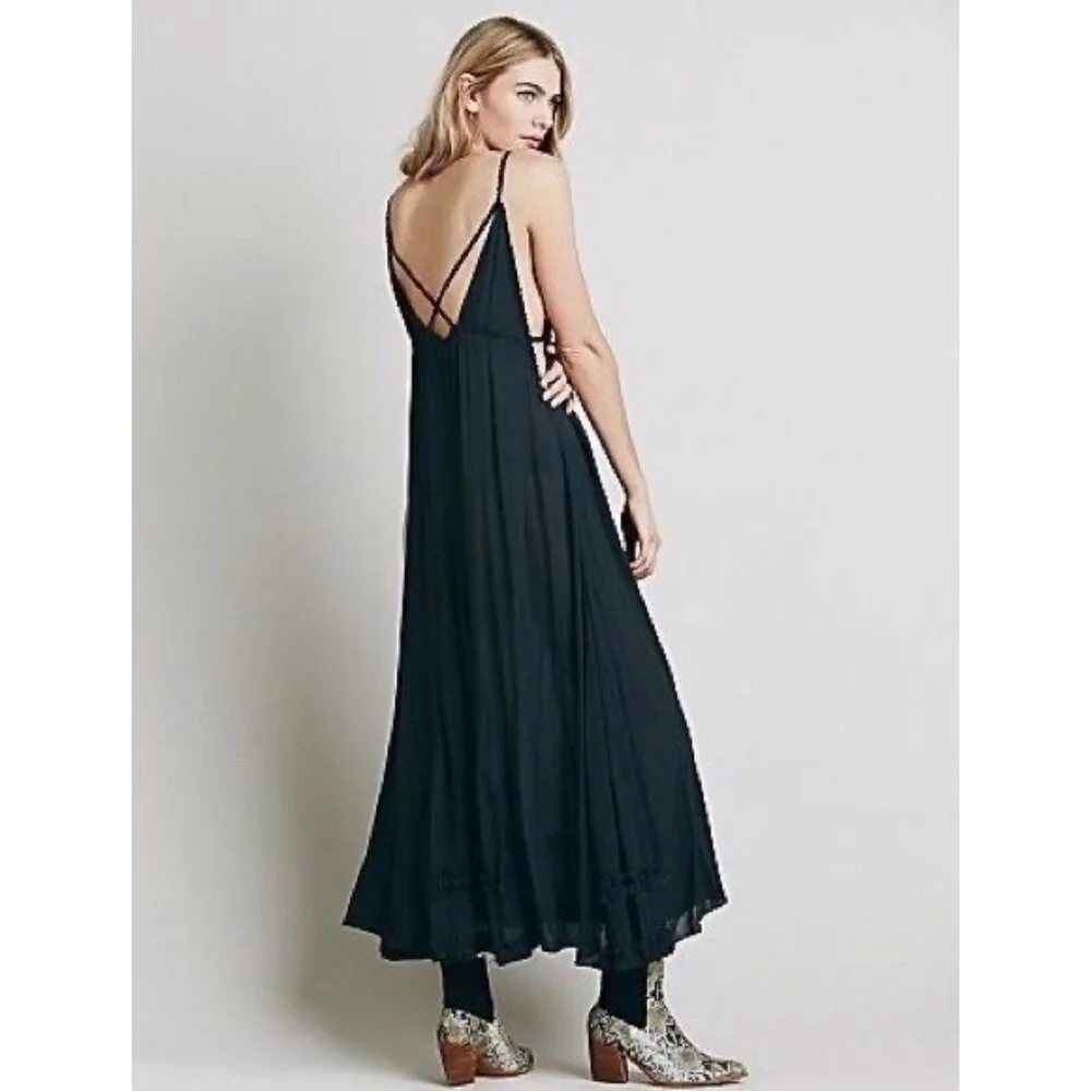 RARE Vtg NWT Free People Gray Lace Crochet Maxi Slip Dress | Whimsigoth Boho M - Picture 6 of 16